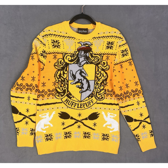 Harry Potter Hufflepuff Sweater Mens Sz M Yellow Black Christmas Unisex Knit - Picture 2 of 8